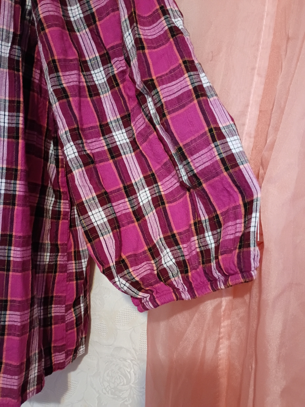Faded Glory Ladies Pink Plaid Peasant Tunic Sz PXL - Picture 4 of 7